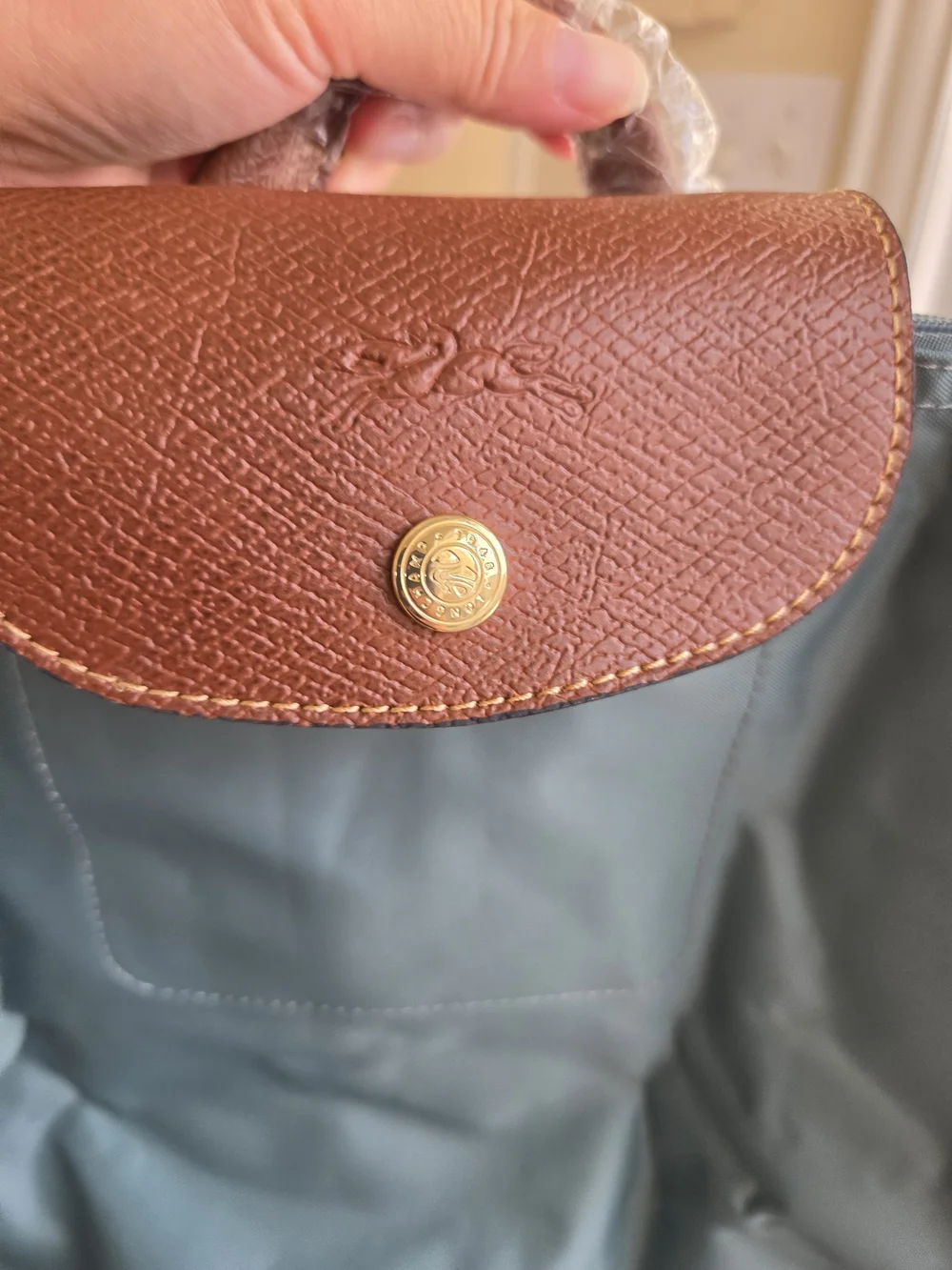 Longchamp Le Pliage Large Teal Backpack with Brown Trim